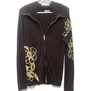 Cache Womens Jacket Small Vintage Floral Knit Zipper Front Brown Gold Metallic